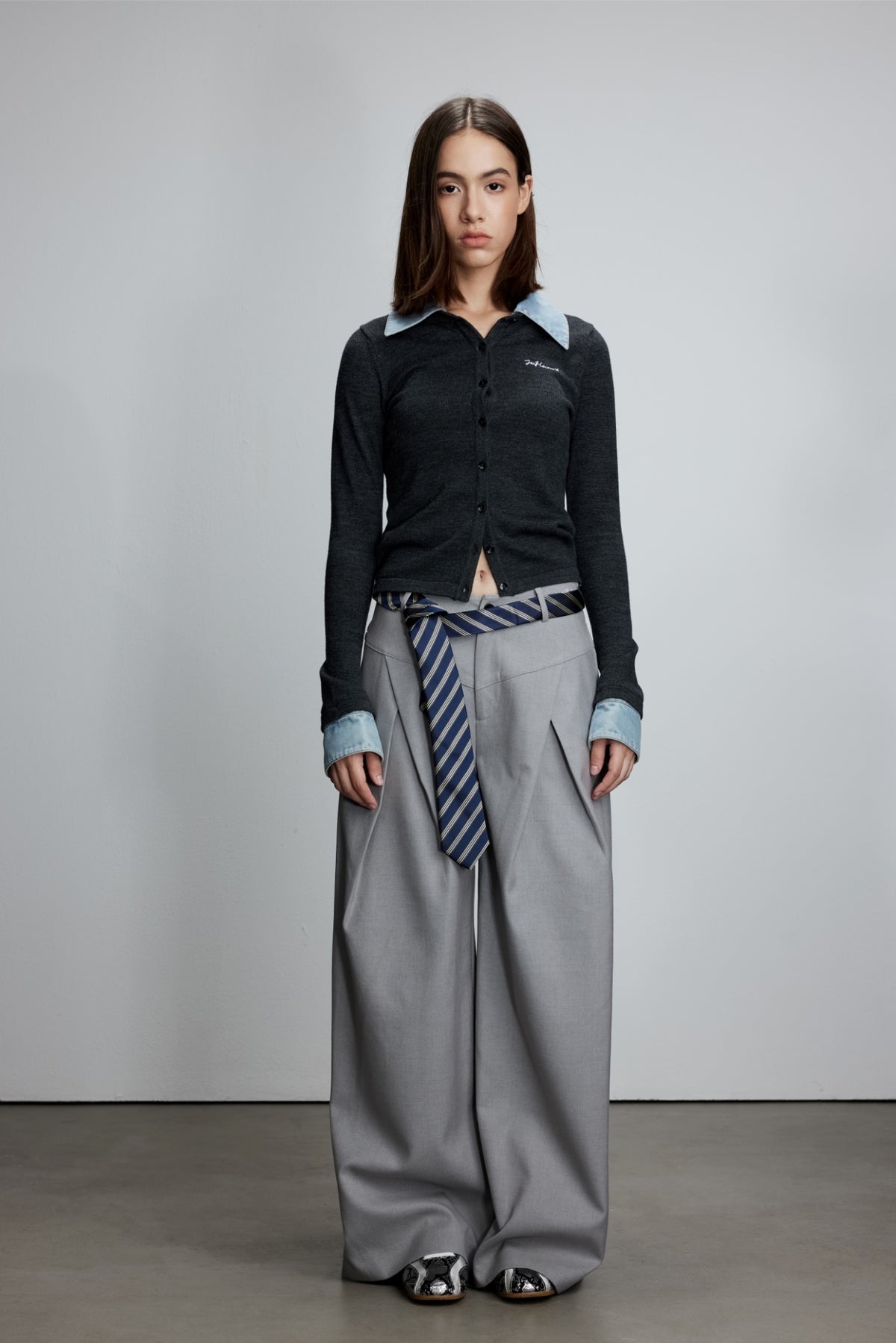 Grey V-Waist Double Pleat Trousers