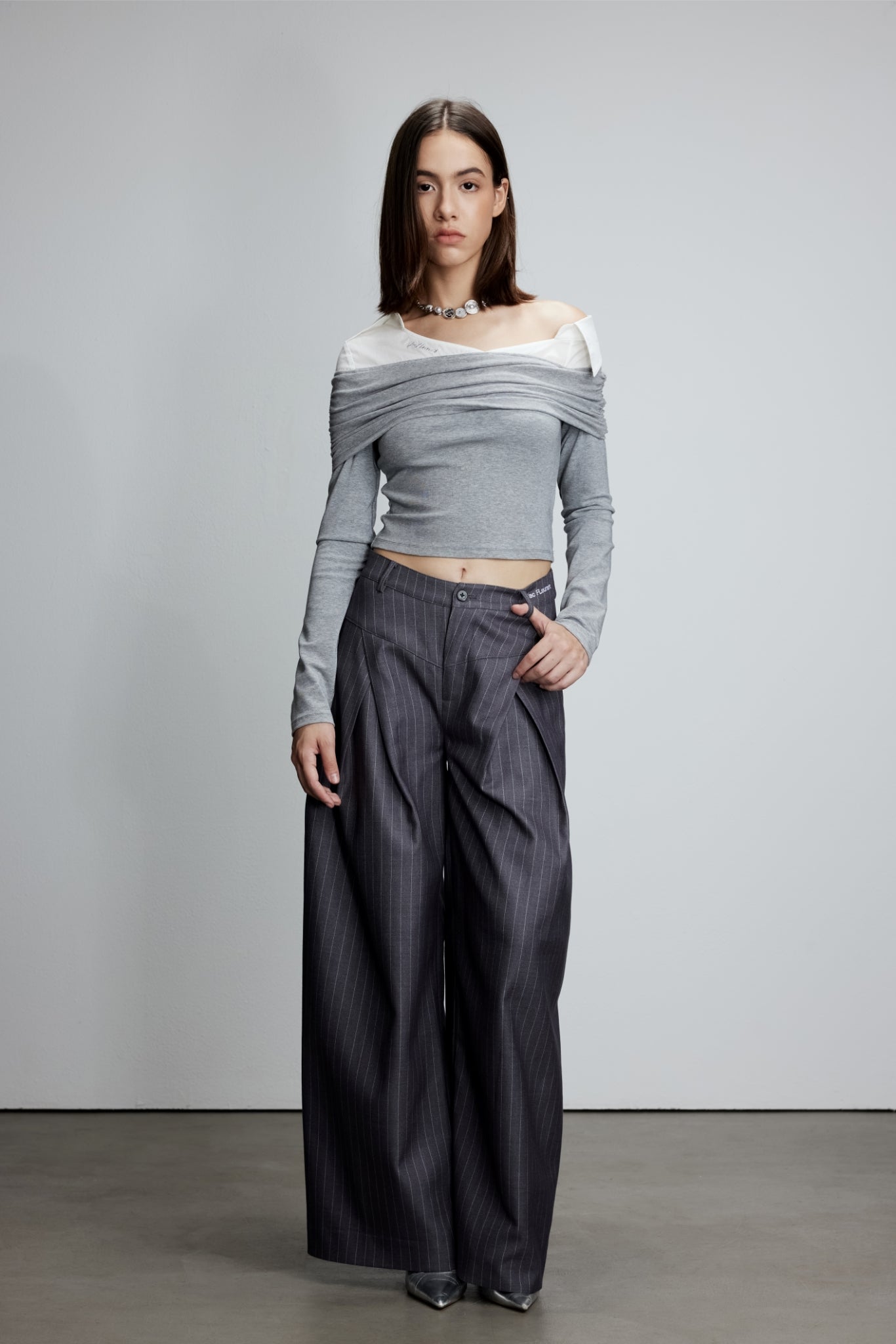 Grey Stripe V-Waist Double Pleat Trousers