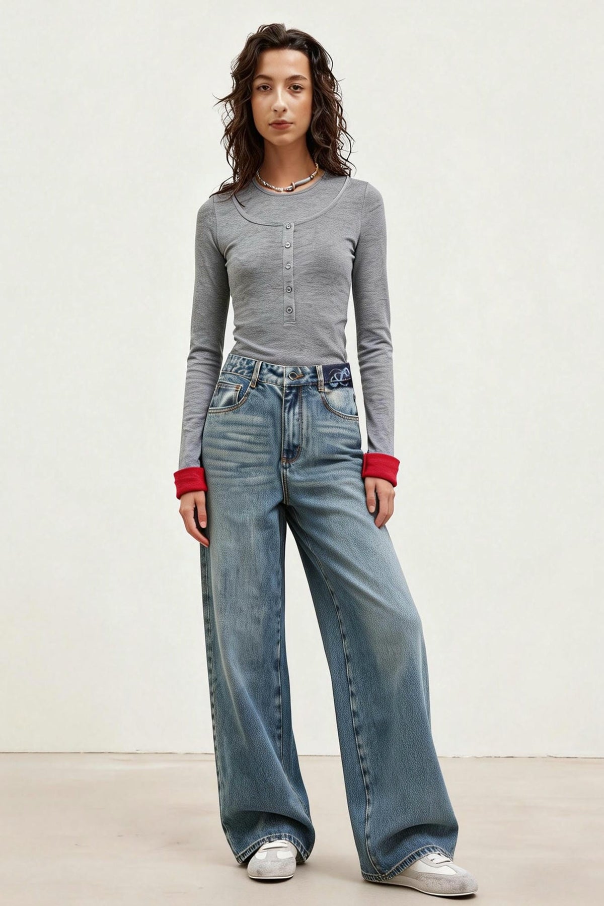 Washed Waistband LOGO Print Versatile Imported Denim Jeans