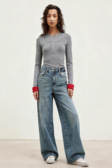Washed Waistband LOGO Print Versatile Imported Denim Jeans
