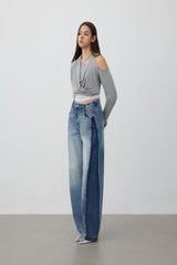 Grey Layered Draped Neck LOGO Webbing Long-Sleeve Top