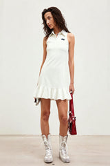 Polo Collar Ruffled Hem Sleeveless Dress