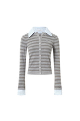 Shirt Collar Striped Knit Button-Up Cardigan