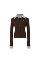 Denim Collar Striped Knit Button-Up Cardigan