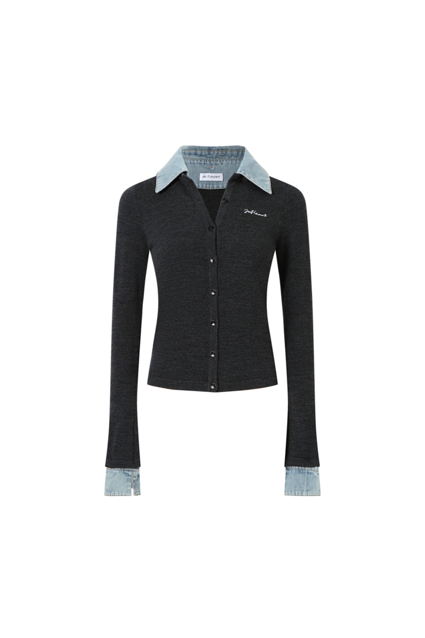Denim Collar Striped Knit Button-Up Cardigan