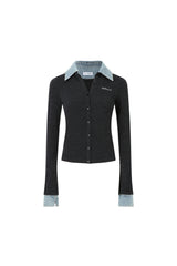 Denim Collar Striped Knit Button-Up Cardigan