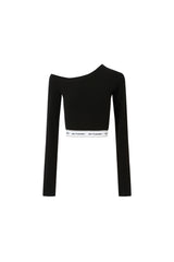 Elastic Rib Logo Black One-Shoulder Top