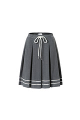 Grey Webbing Trim Pleated Drawstring Wool Blend Skirt