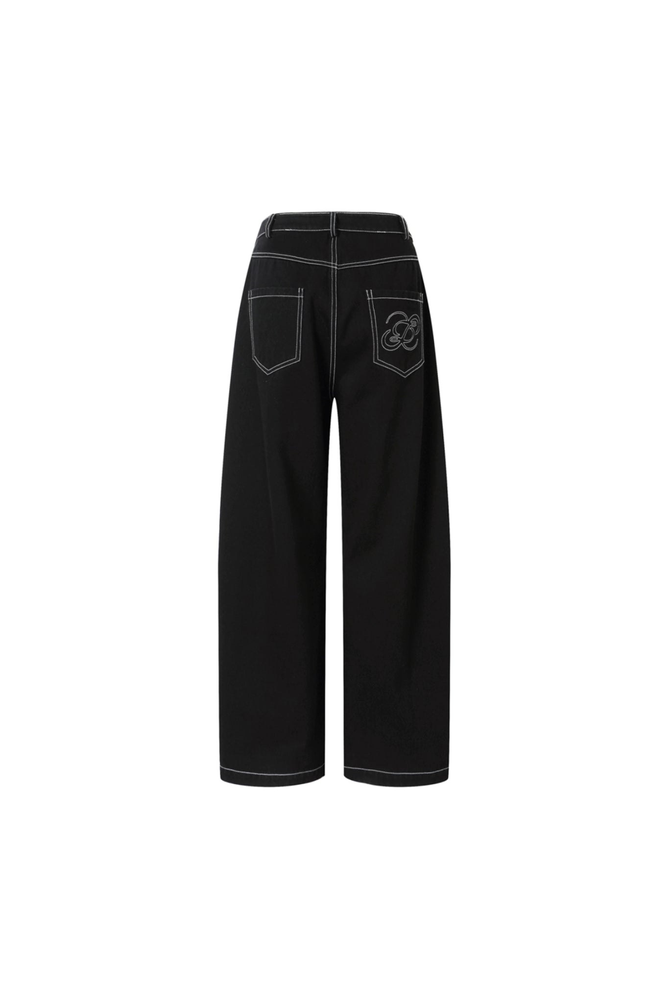 Topstitch Embroidered Logo Curved Hem Black Jeans