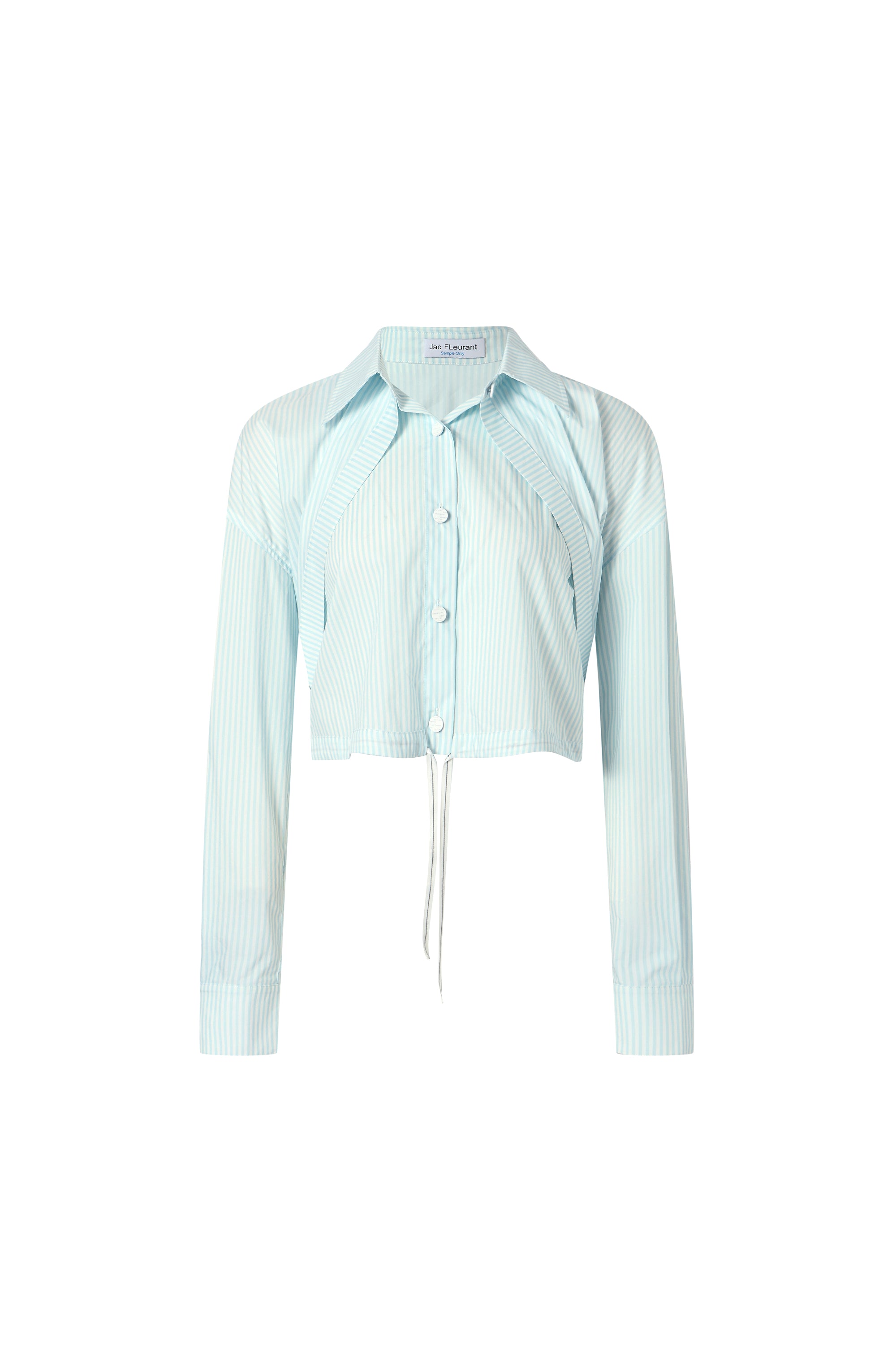 Two-piece striped tie-front shirt with denim patchwork pleated shorts