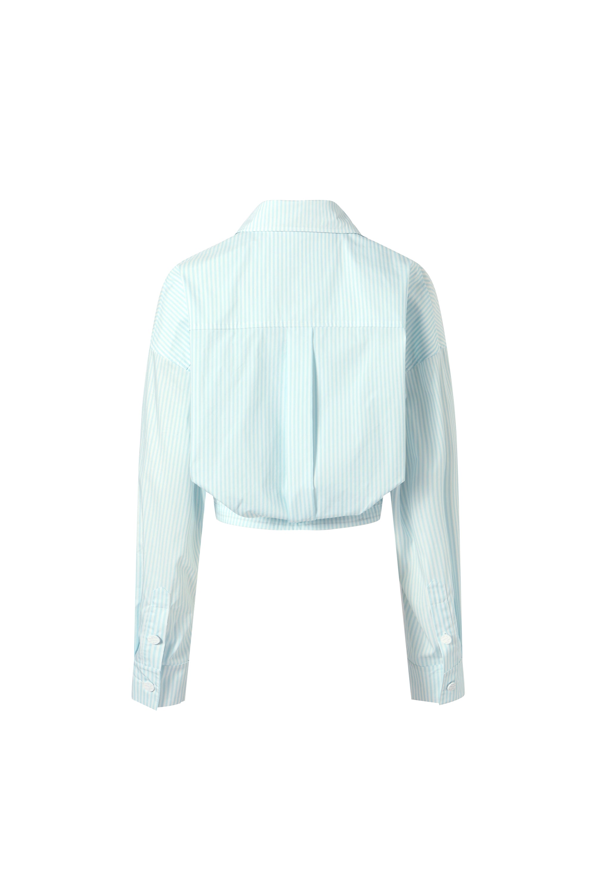 Two-piece striped tie-front shirt with denim patchwork pleated shorts