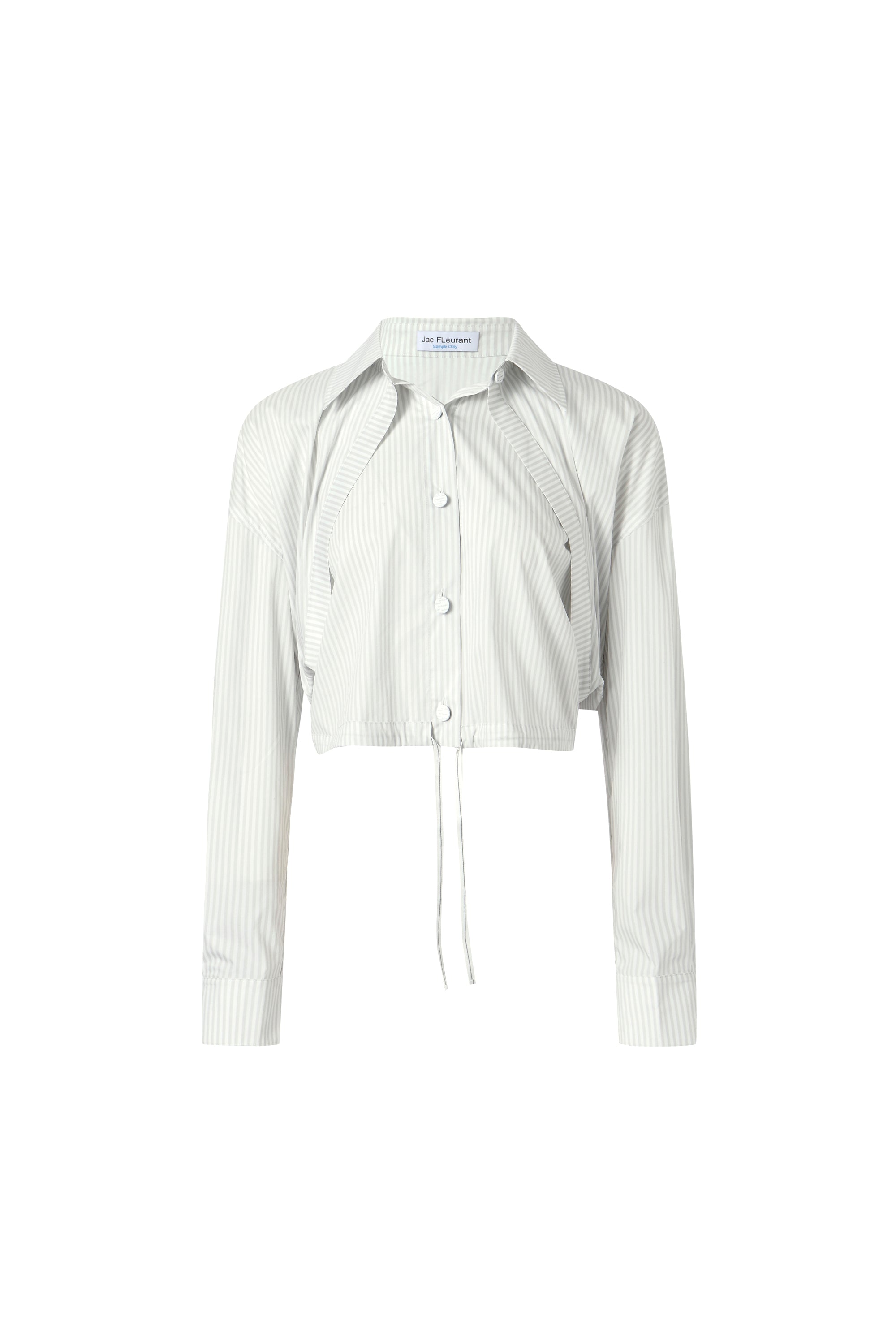 Two-piece striped tie-front shirt with denim patchwork pleated shorts