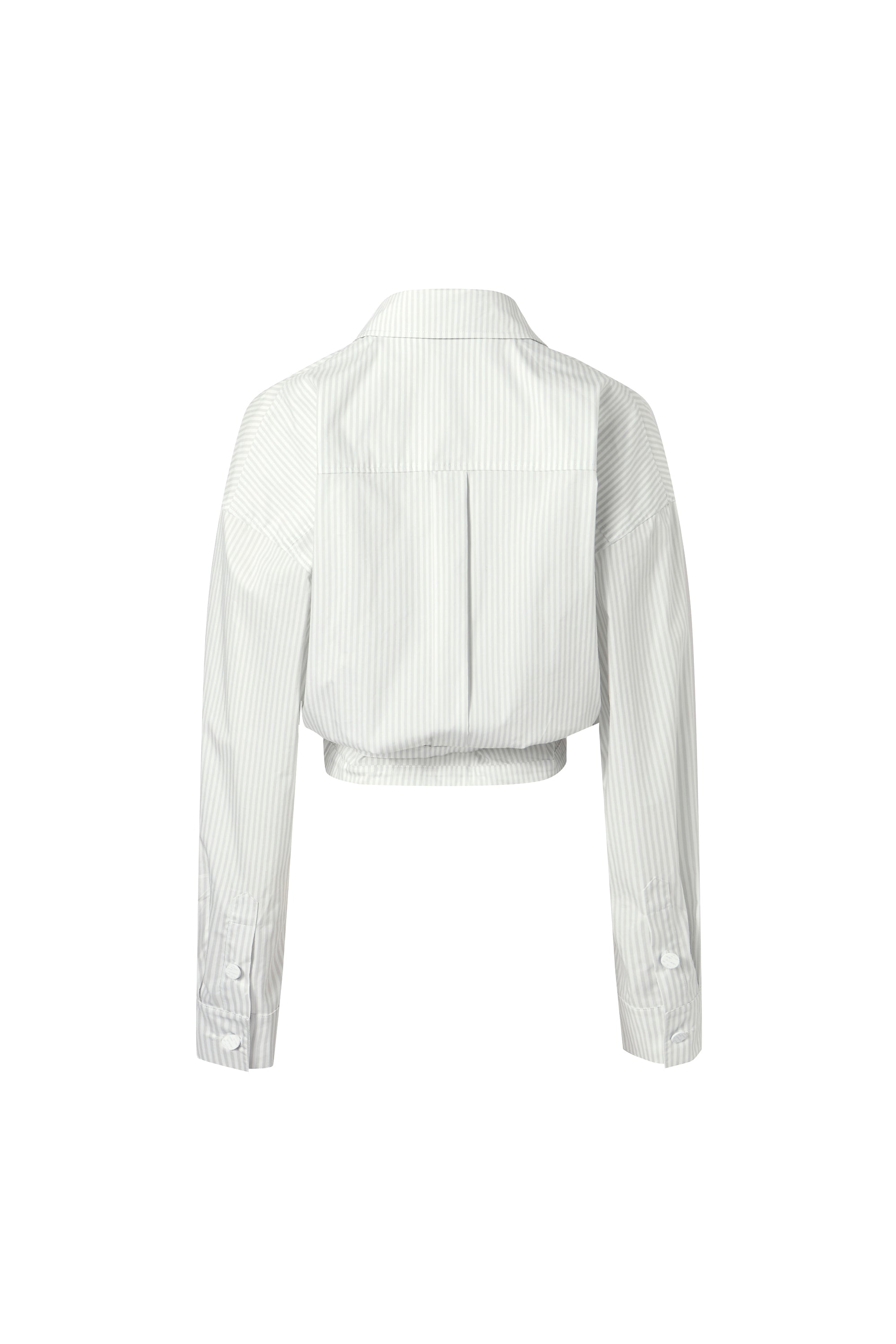 Two-piece striped tie-front shirt with denim patchwork pleated shorts
