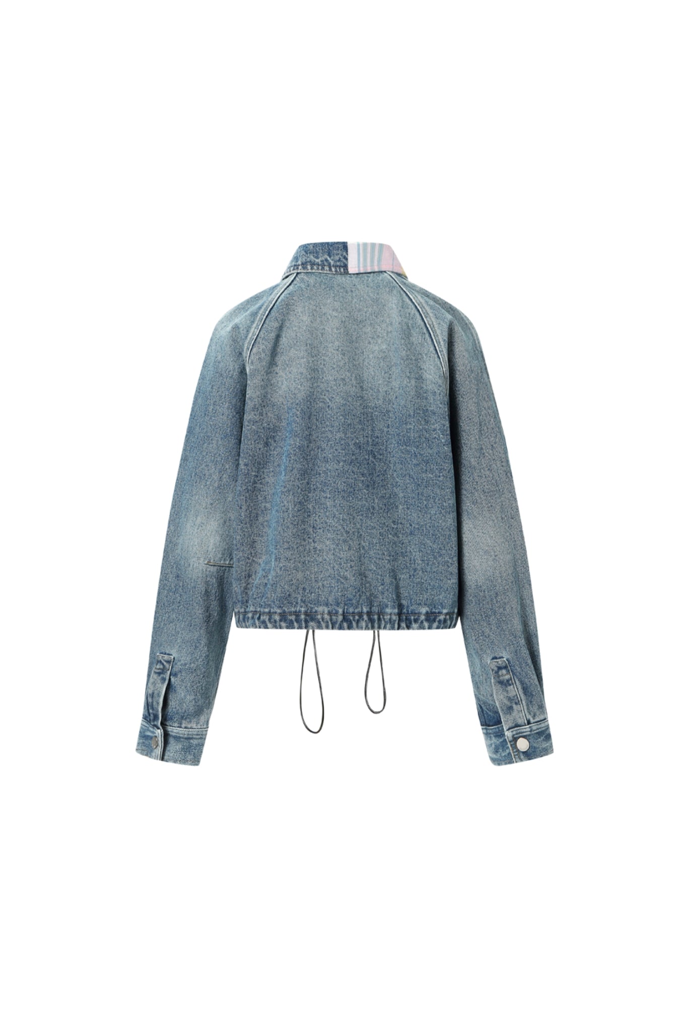 Asymmetric Plaid Collar Washed Denim Jacket