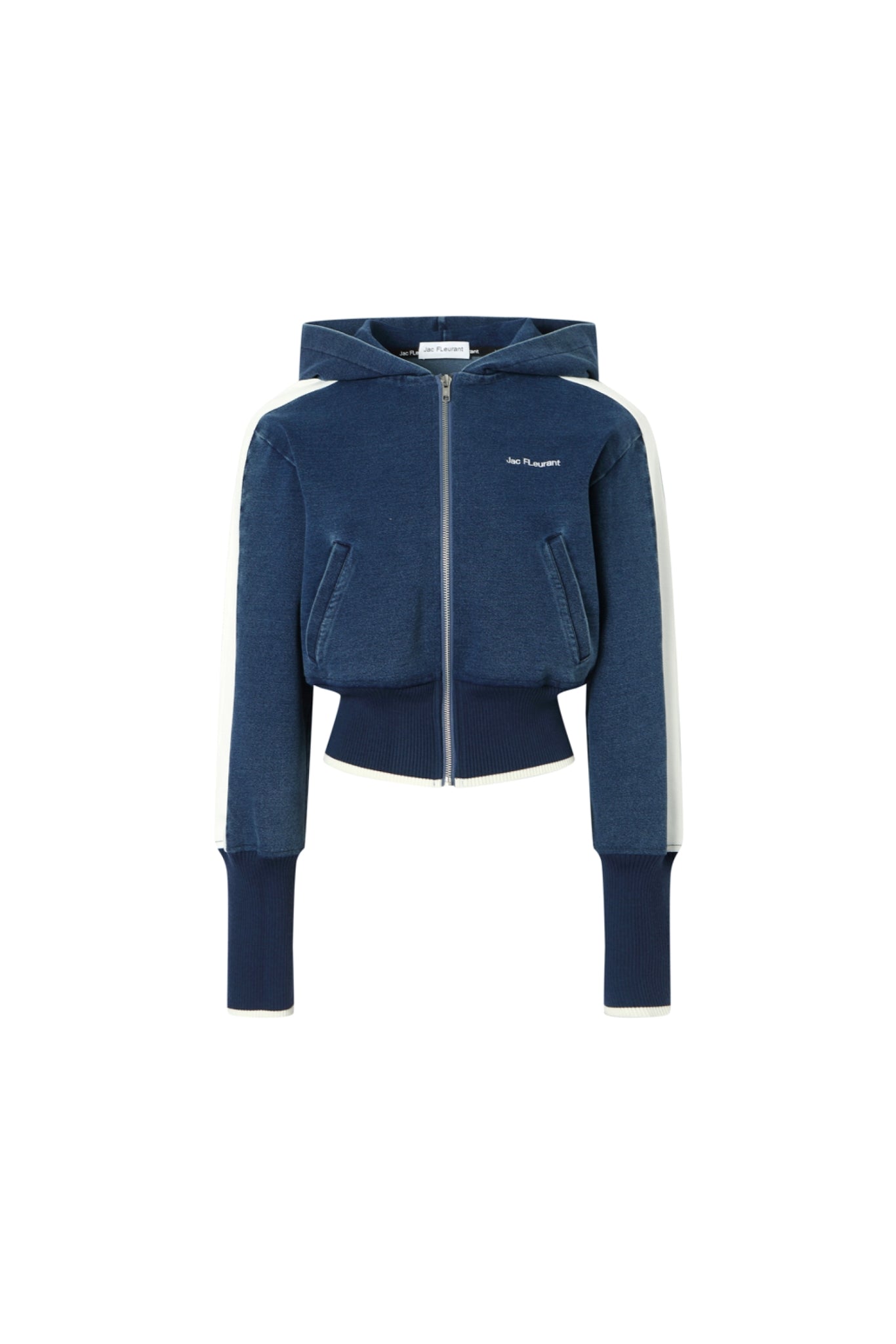 Side-Stripe Knit Denim Zip-Up Top - Set