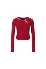 Burgundy Color-Block Diagonal Zipper Long Sleeve Top