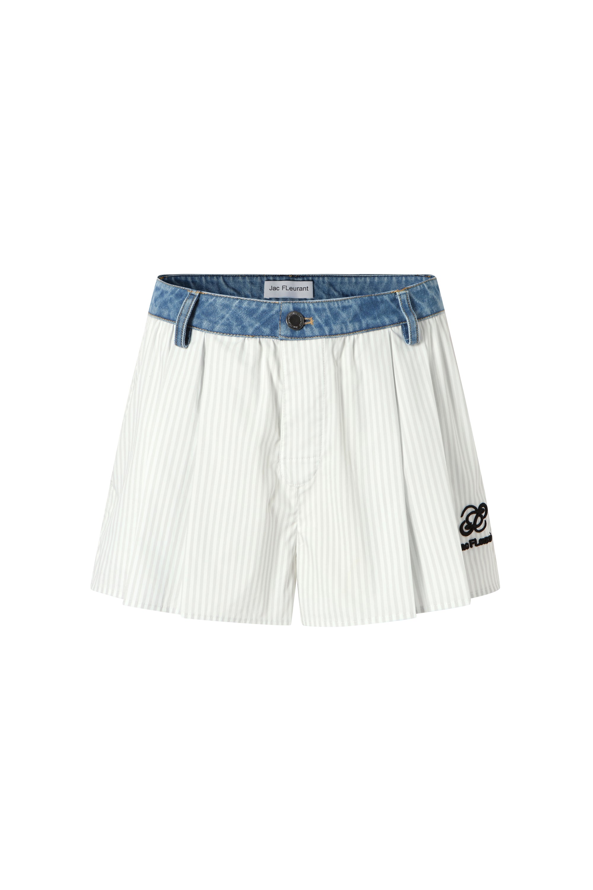 Two-piece striped tie-front shirt with denim patchwork pleated shorts