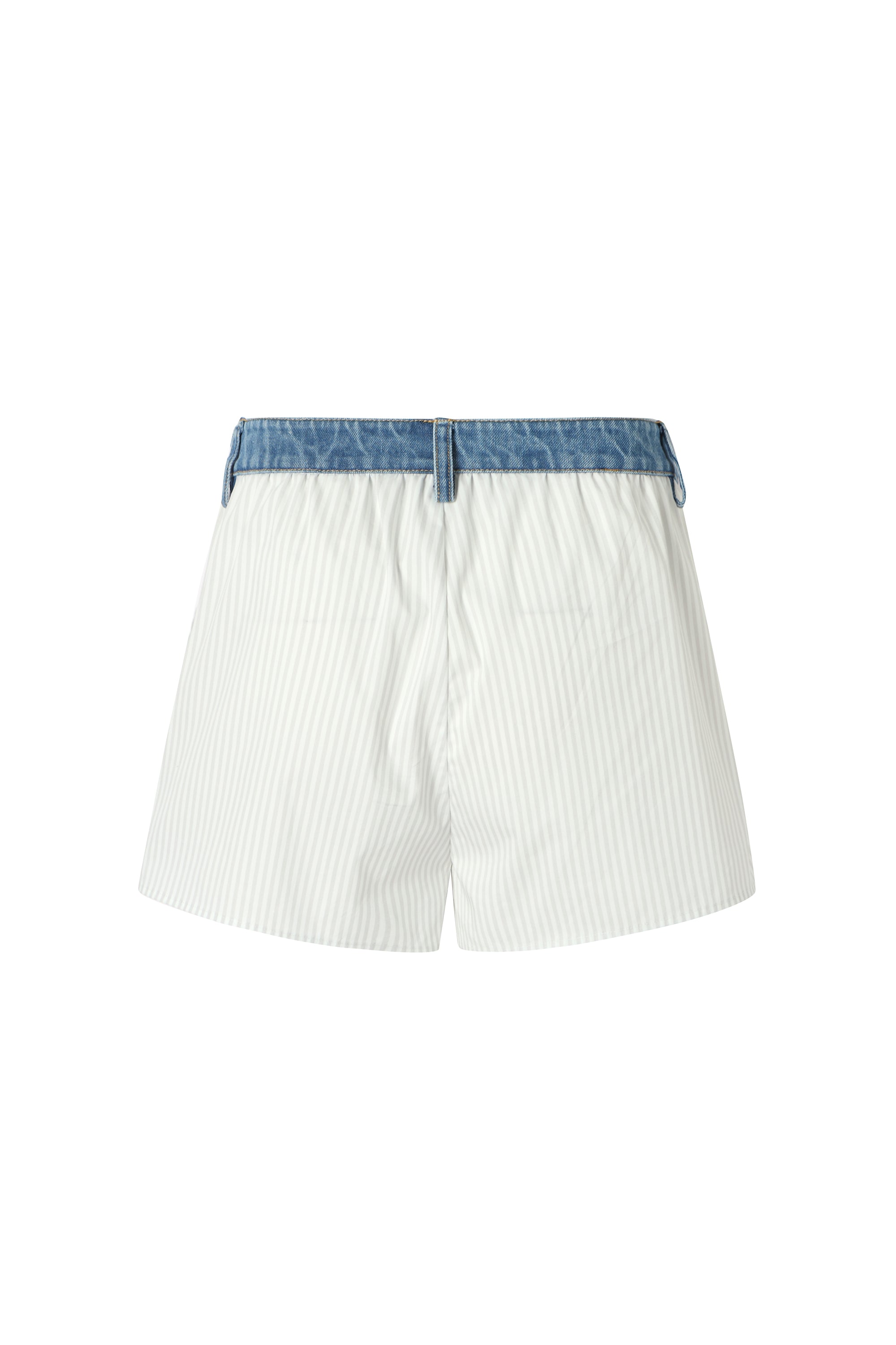 Two-piece striped tie-front shirt with denim patchwork pleated shorts