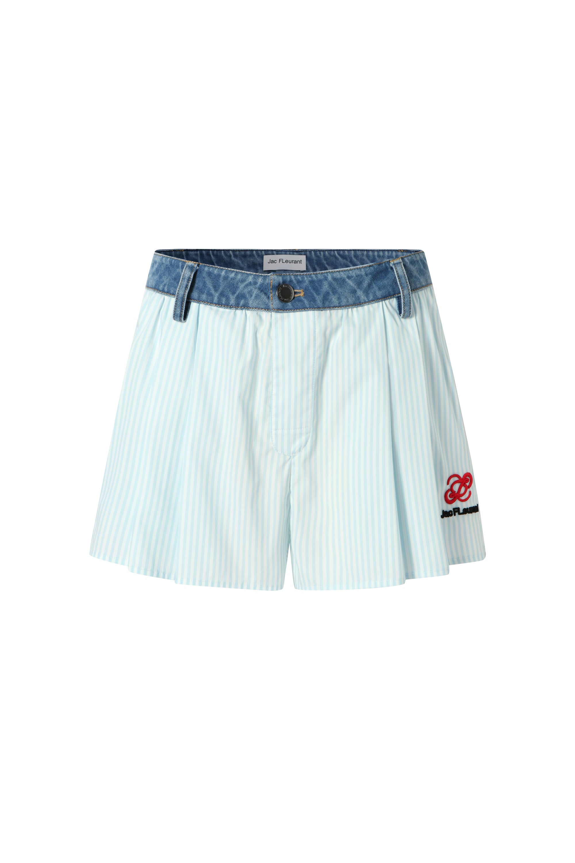 Two-piece striped tie-front shirt with denim patchwork pleated shorts
