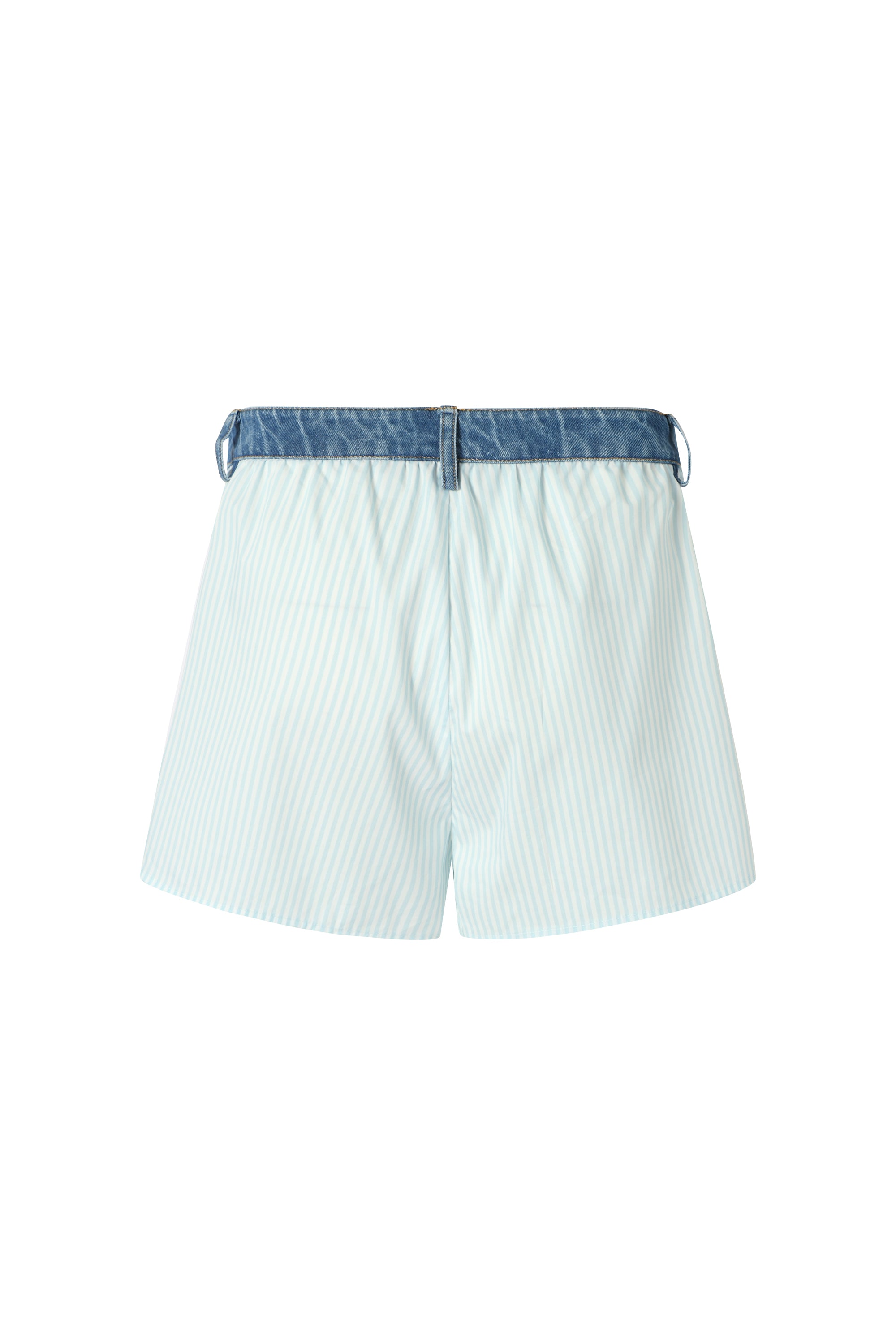 Two-piece striped tie-front shirt with denim patchwork pleated shorts