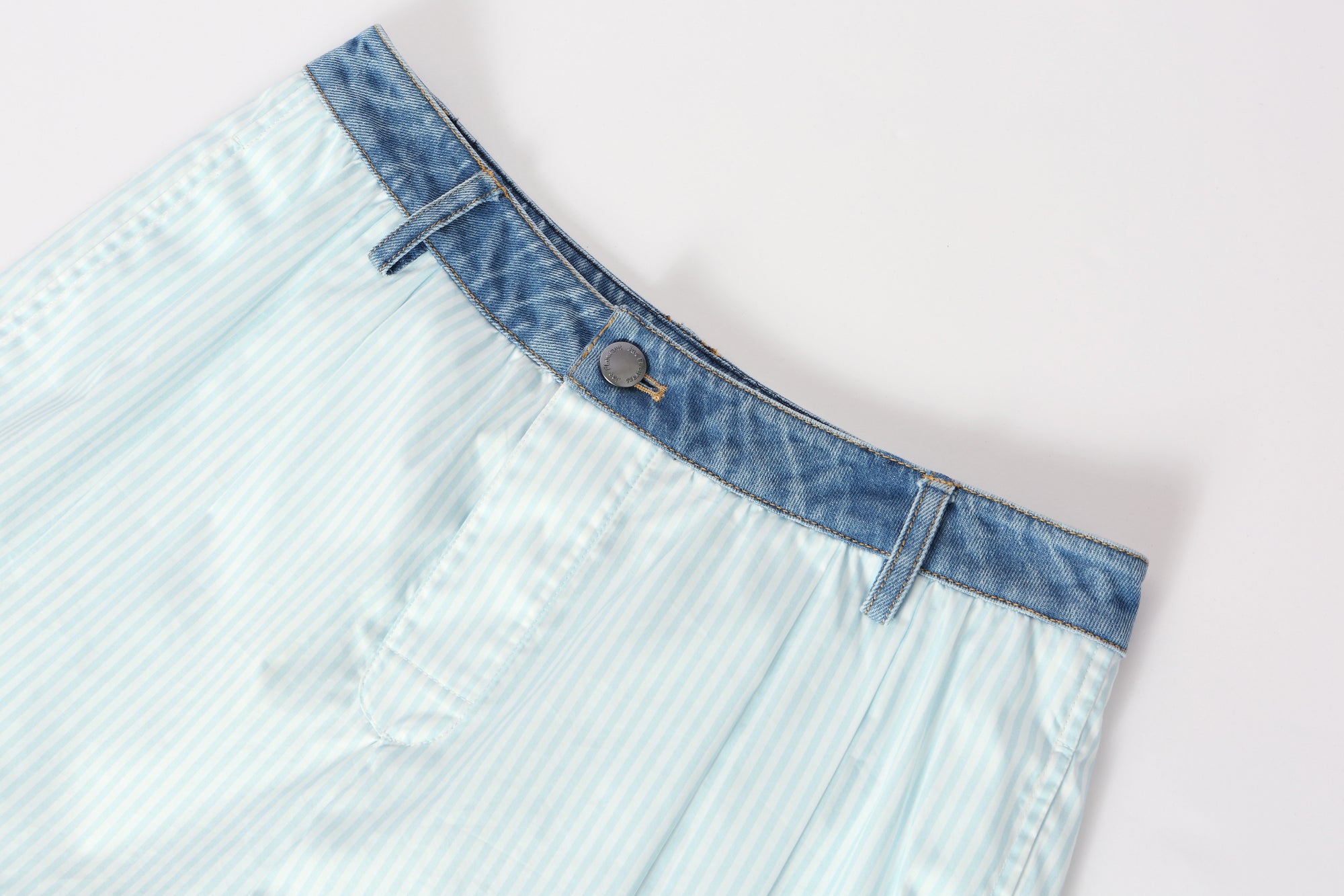 Two-piece striped tie-front shirt with denim patchwork pleated shorts