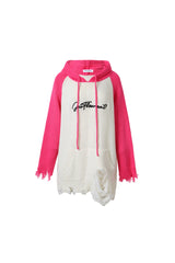 Pink & White Raglan Embroidered Logo Destroyed Hooded Sweater