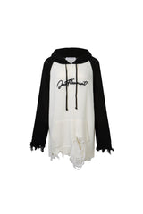 Black & White Raglan Embroidered Logo Destroyed Hooded Sweater