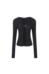 Belt Buckle Detail Grey Knit Top