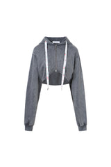 Washed Grey Floral Ribbing Zip-Up Crop Hoodie