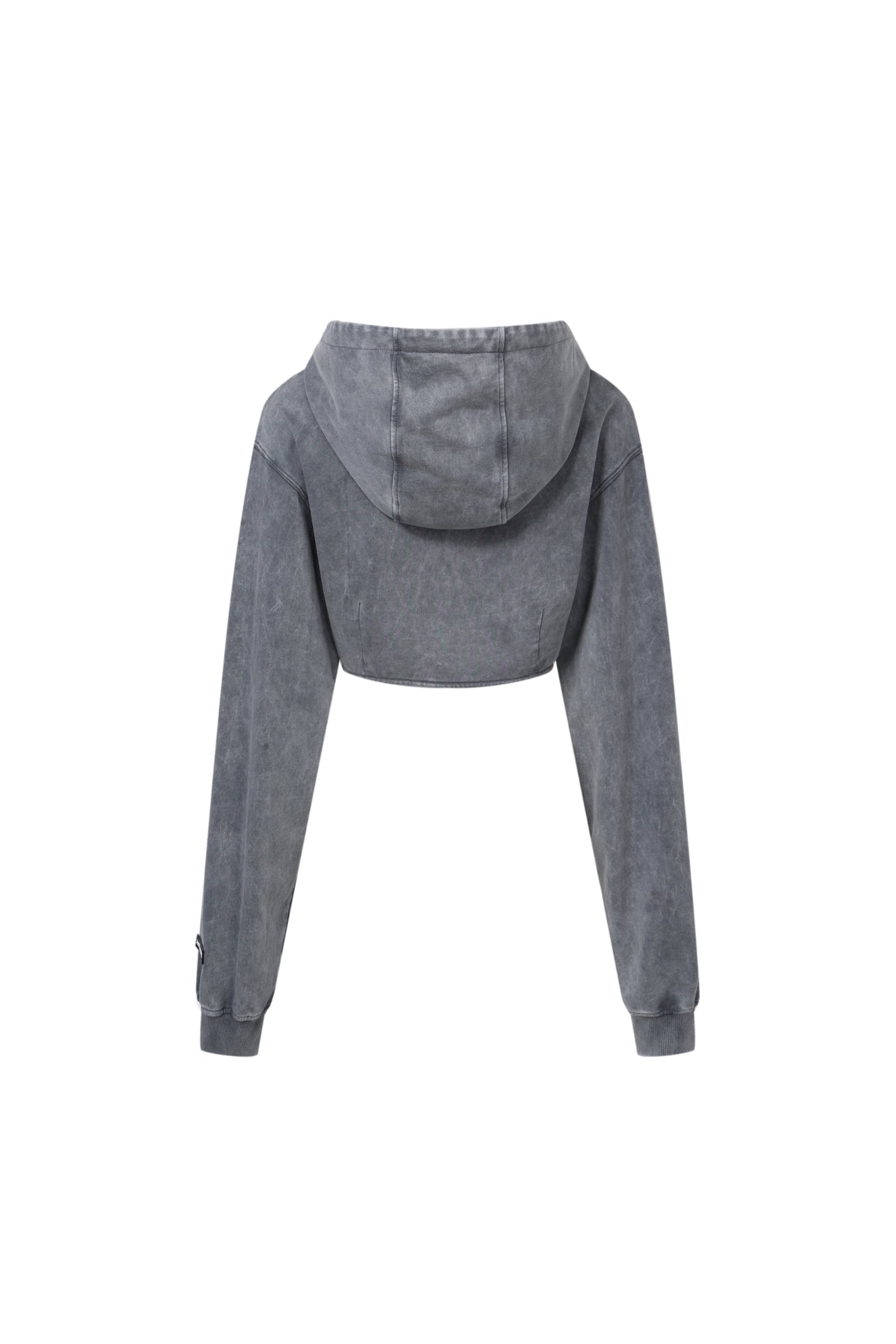Washed Grey Floral Ribbing Zip-Up Crop Hoodie