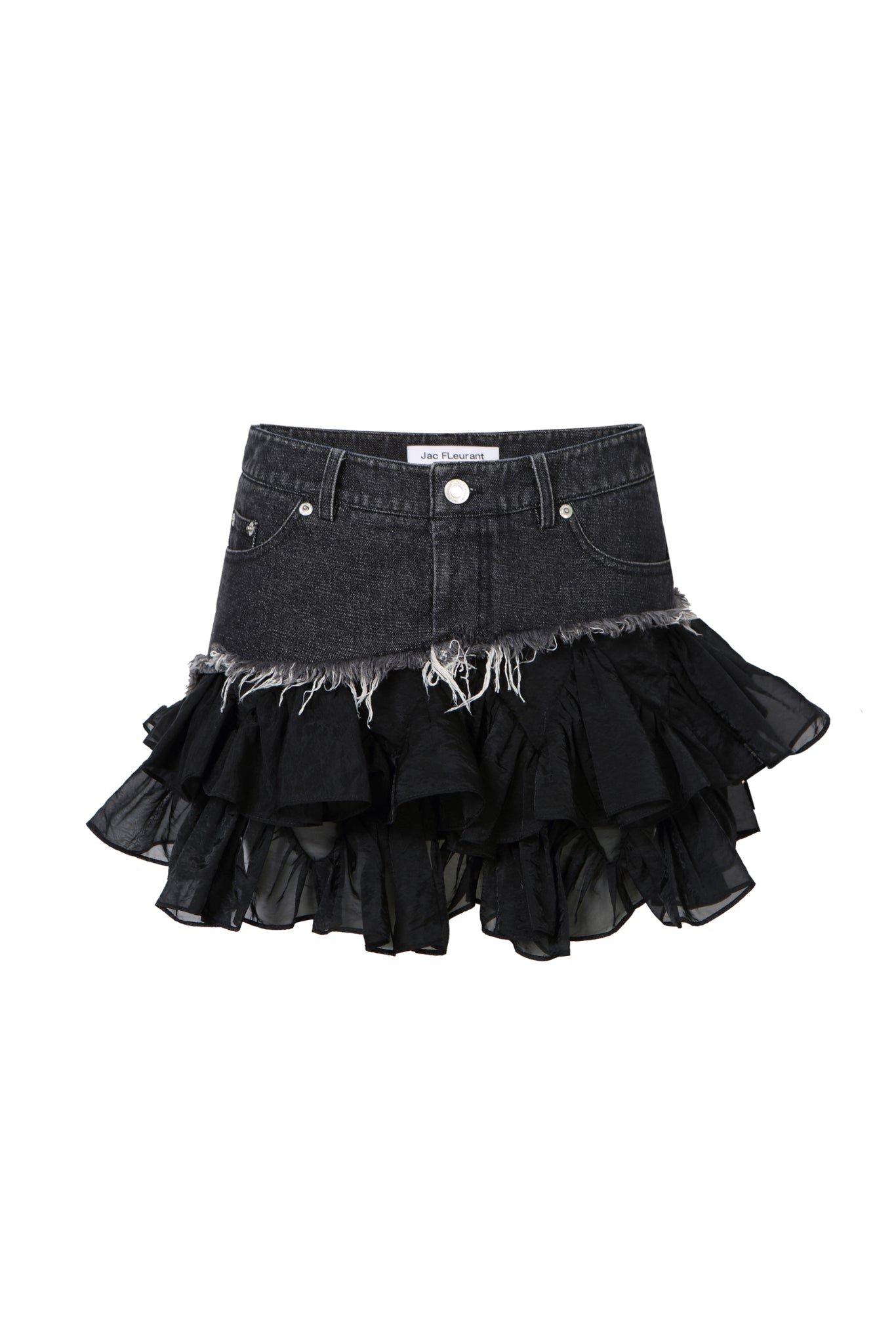 Black Denim Panel Pleated Tulle Skirt