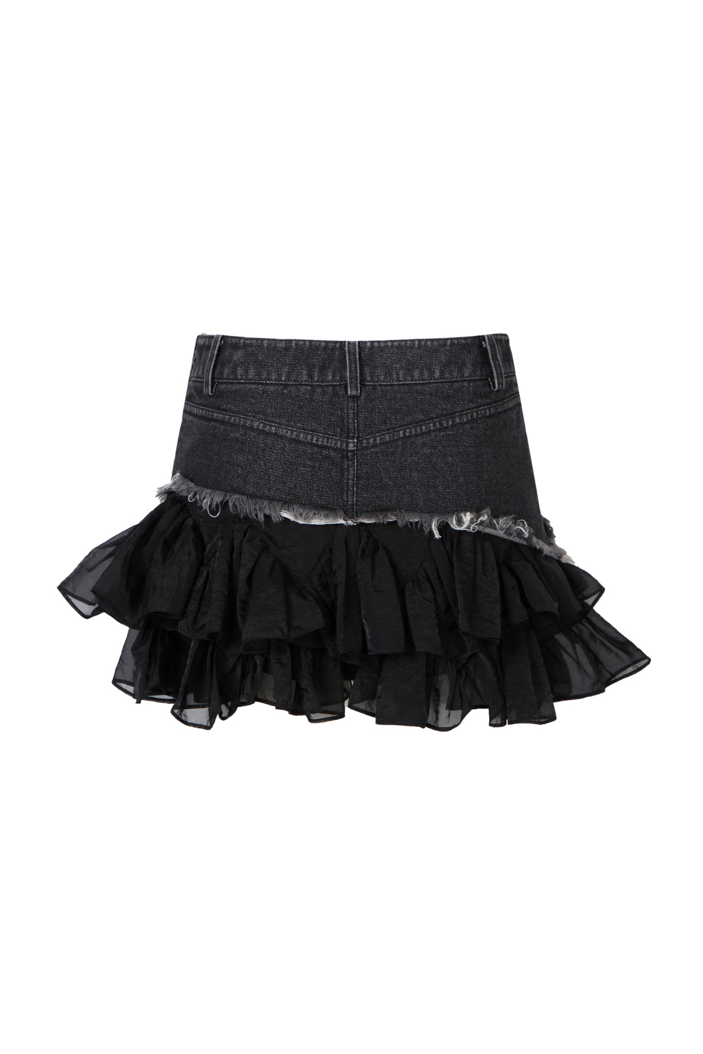 Black Denim Panel Pleated Tulle Skirt