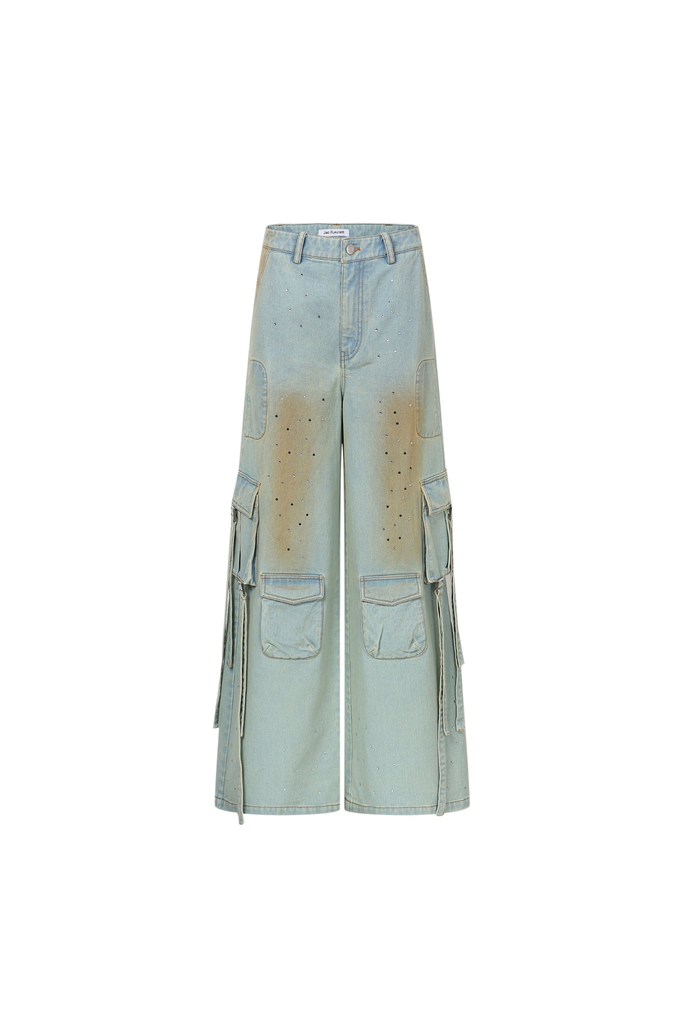 Washed Blue Cargo Pocket Tie-Detail Rhinestone Jeans