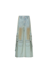 Washed Blue Cargo Pocket Tie-Detail Rhinestone Jeans