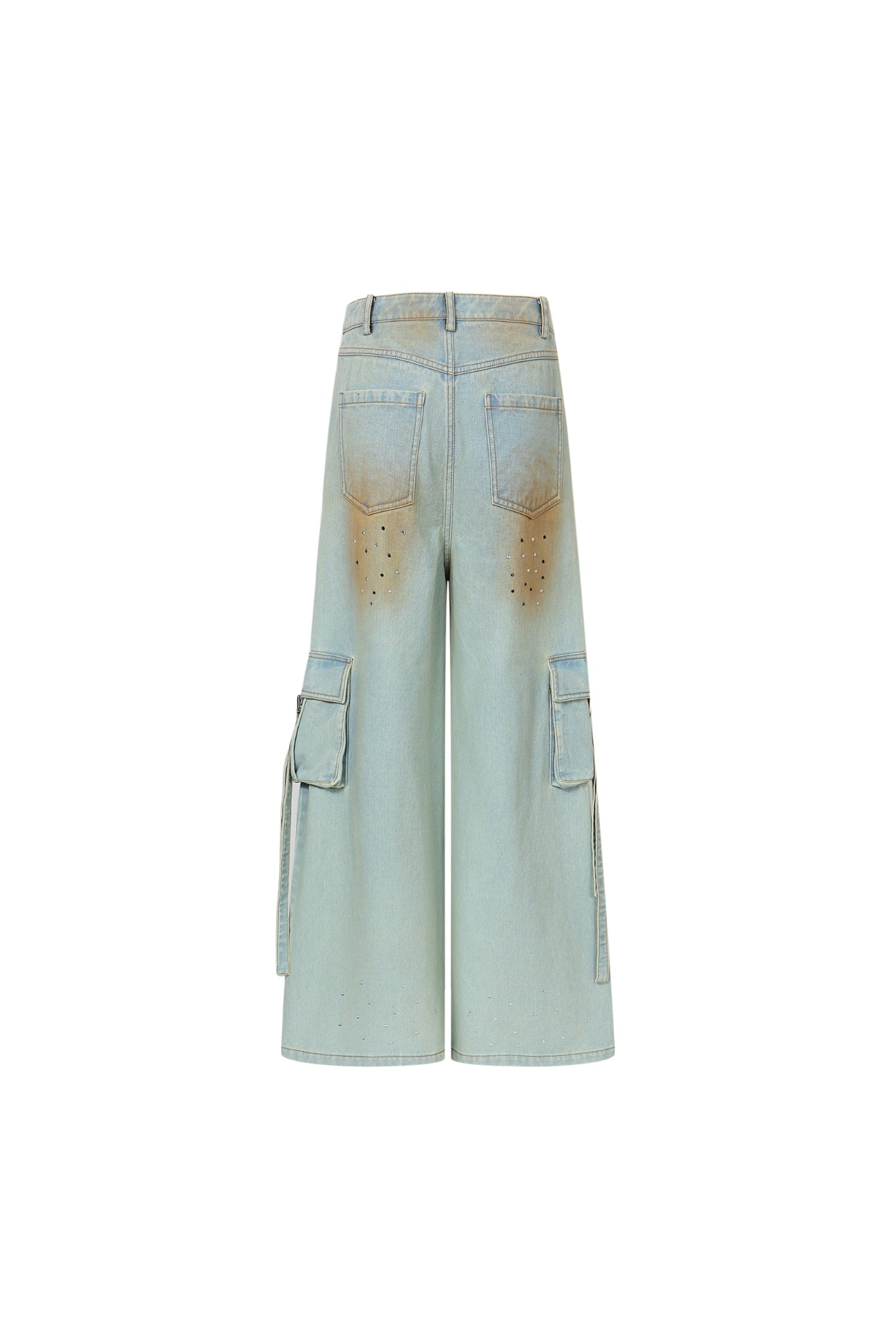 Washed Blue Cargo Pocket Tie-Detail Rhinestone Jeans