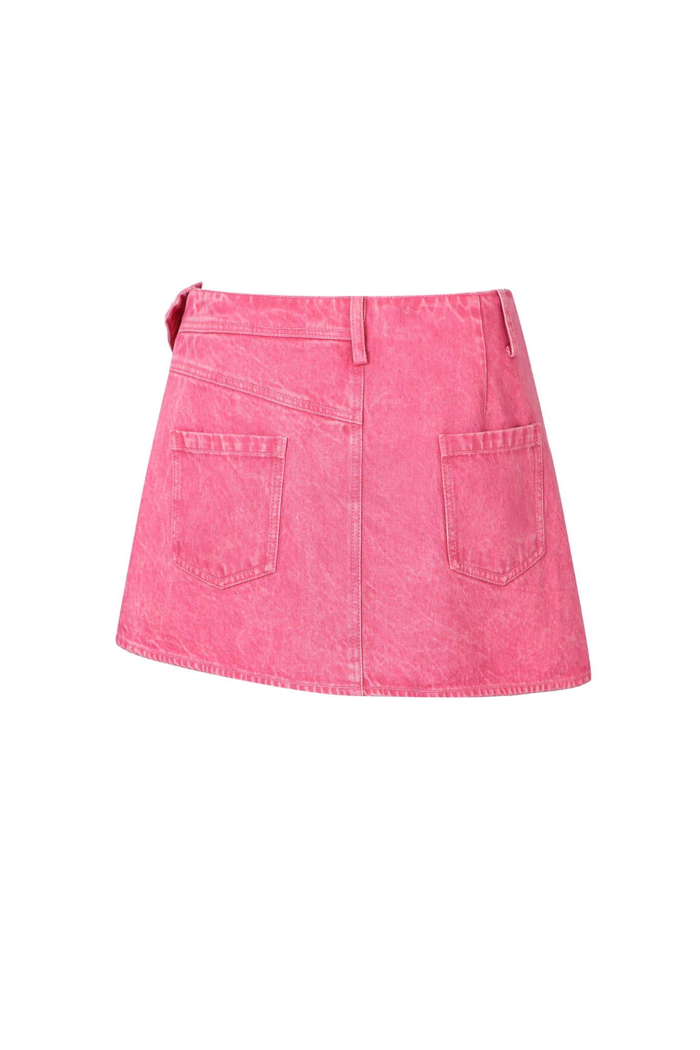 Pink Asymmetric Belted Denim Mini Skirt