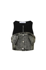Black Knit Panel Denim Vest