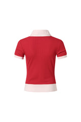 Knit Panel Shirt Collar Short Sleeve Top