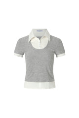 Knit Panel Shirt Collar Short Sleeve Top