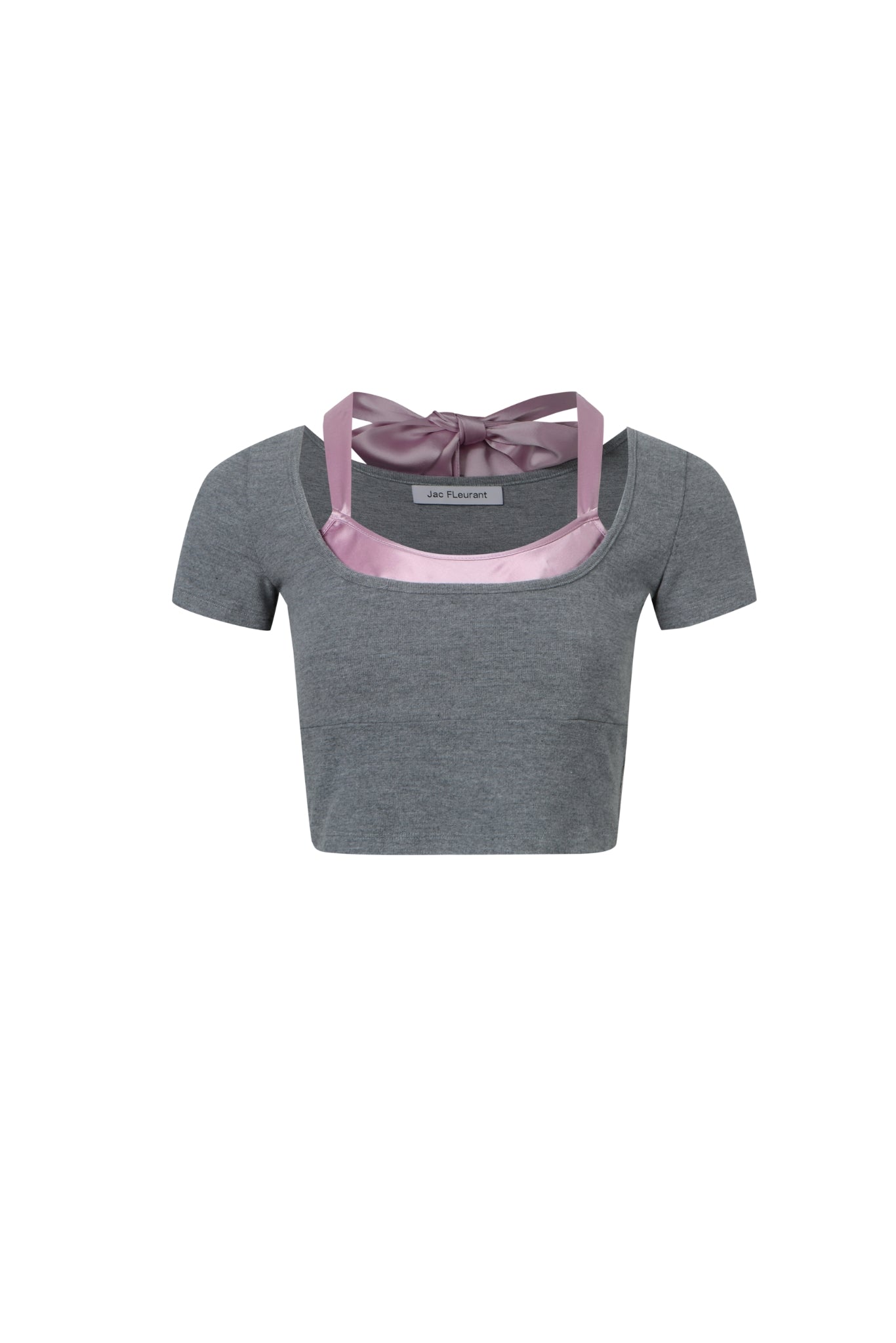 Grey & Pink Satin Tie-Detail Short Sleeve Top