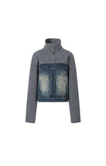 Denim Paneled Knit Stand Collar Jacket