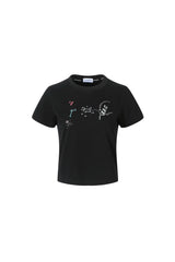 Printed Logo Rhinestone Short-Sleeve Top