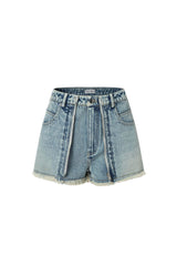 Zipper Trim Frayed Hem Washed Denim Skirt