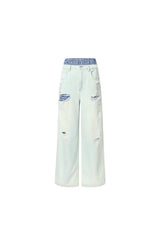 Plaid Patchwork Double-Waist Distressed Blue Jeans