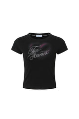Heart Print Rhinestone-Embellished Short-Sleeve Top