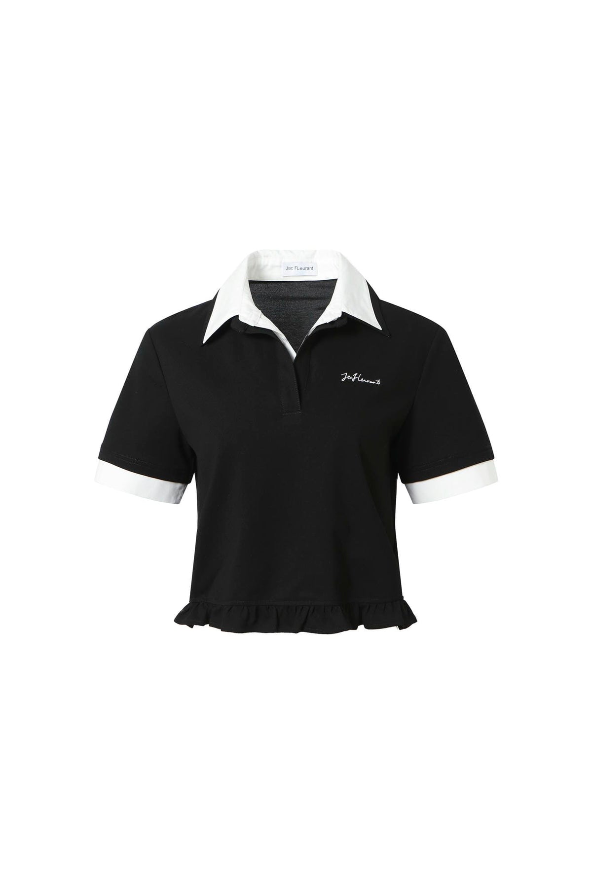 Embroidered Logo Collar Ruffle Hem Short Sleeve Top – Set