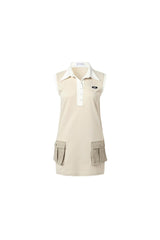 Khaki colorblock polo collar utility pocket sleeveless dress