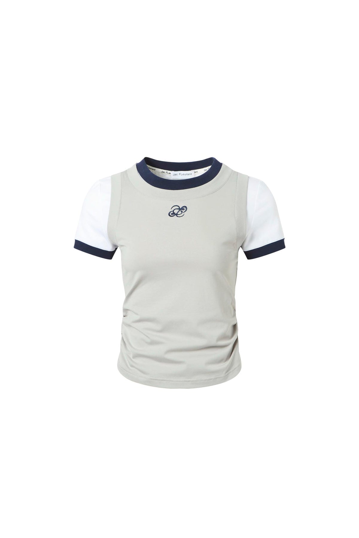Gray-white faux two-layer logo embroidered short-sleeve top