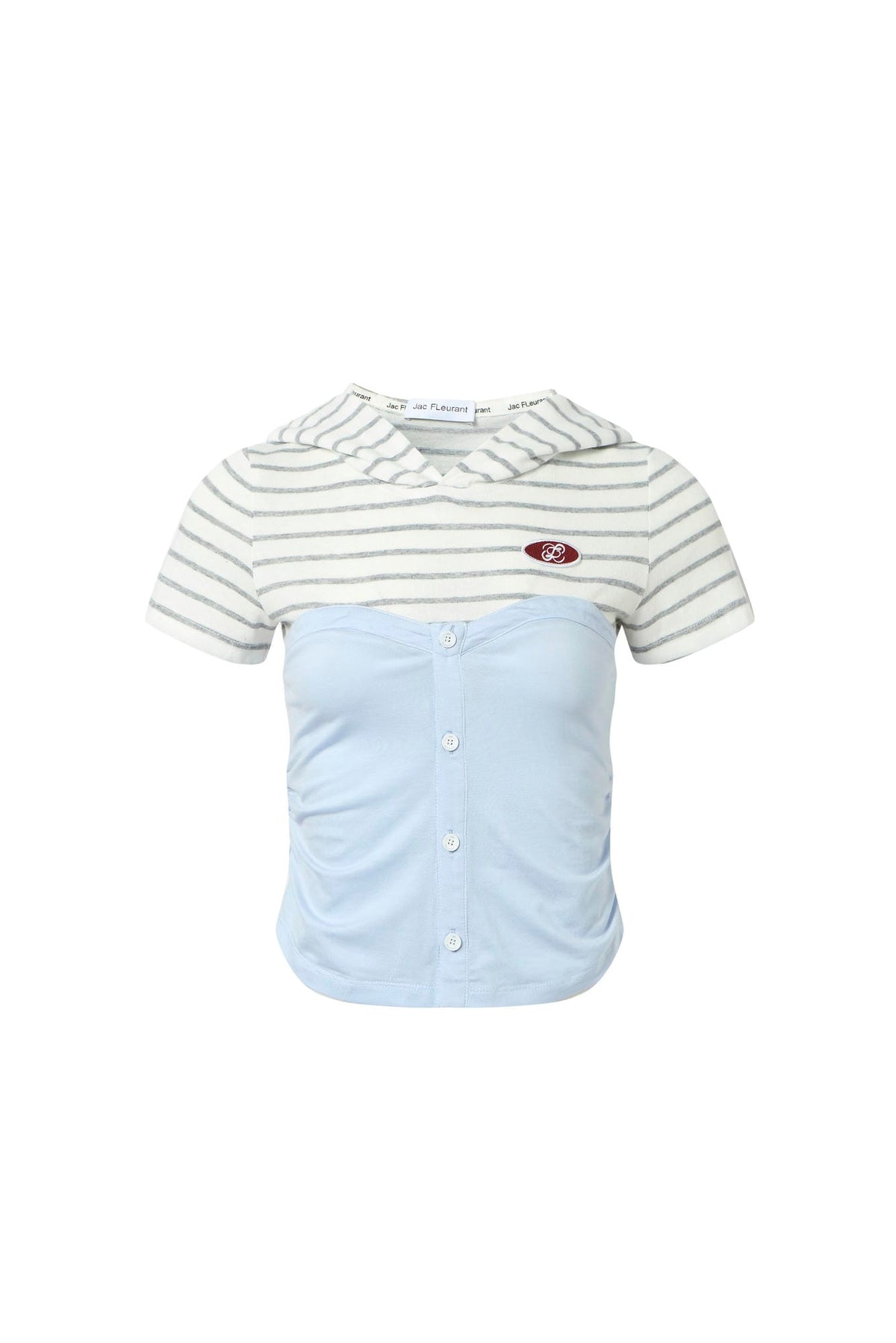 Faux two-layer striped spliced hooded short-sleeve shirt