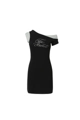 Rhinestone Print Slash-Shoulder Colorblock Knit Dress